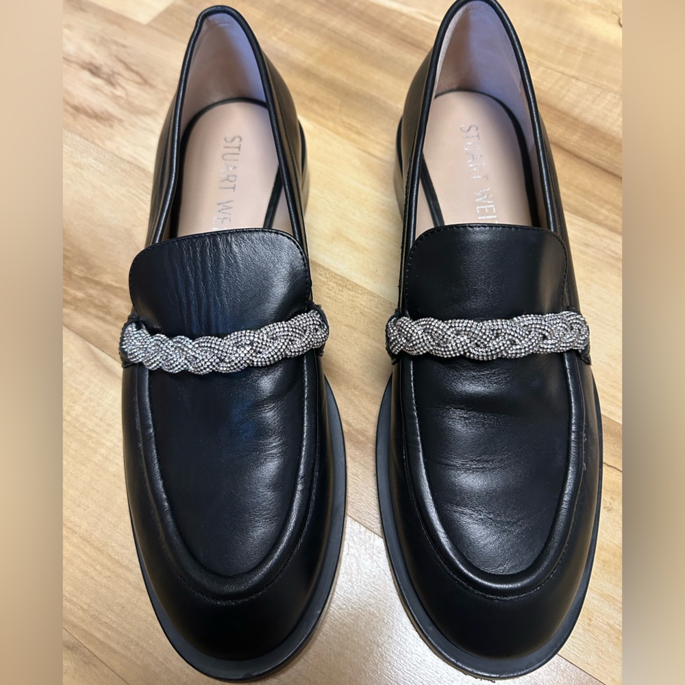 Stuart Weitzman - Black - Palmer High Shine Loafers - Jewel Detail - Size: 9.5B